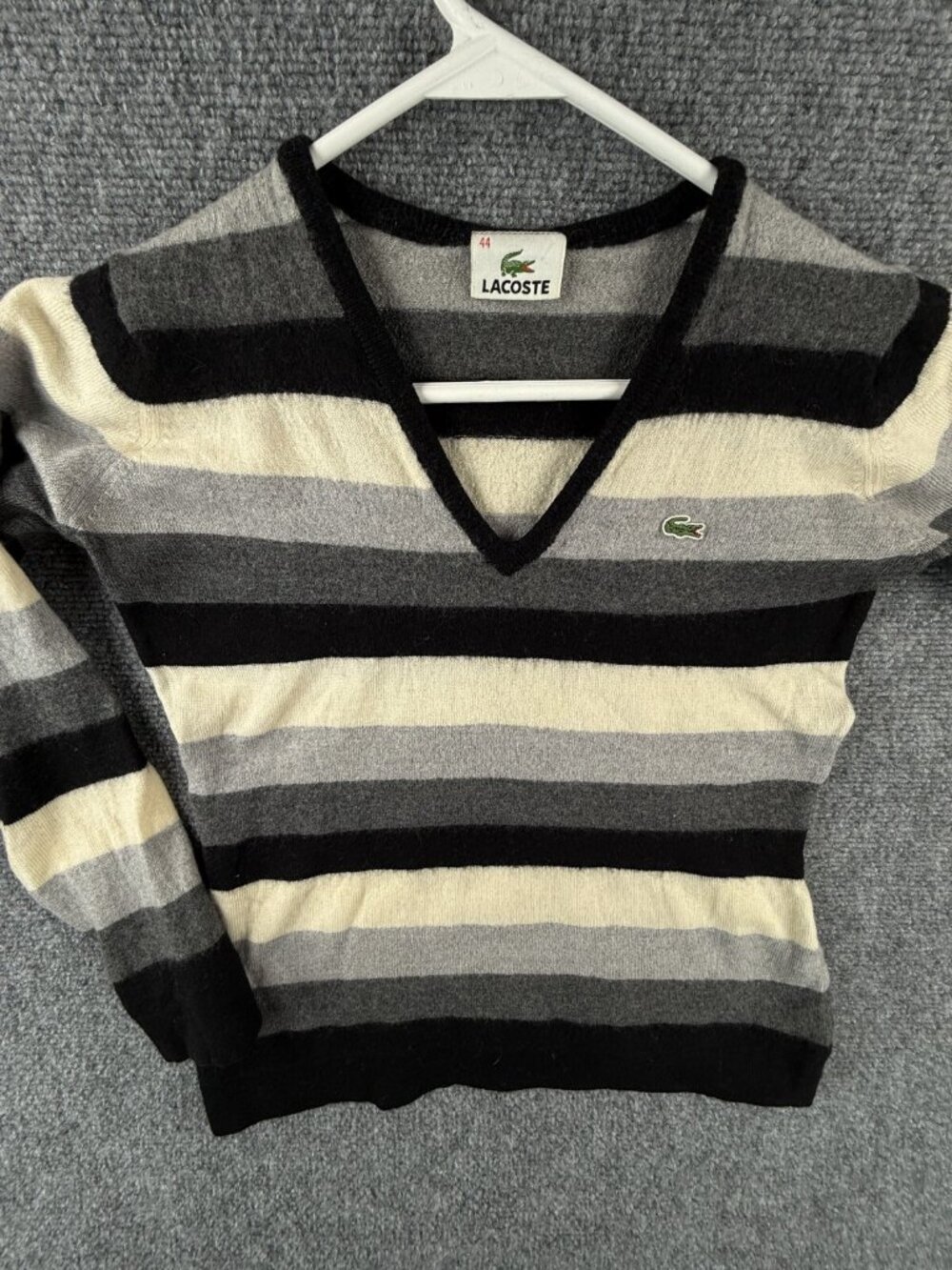 Lacoste Women Wool Sweater Knit Striped Gray Ivory Black V Neck Size 44 Preppy